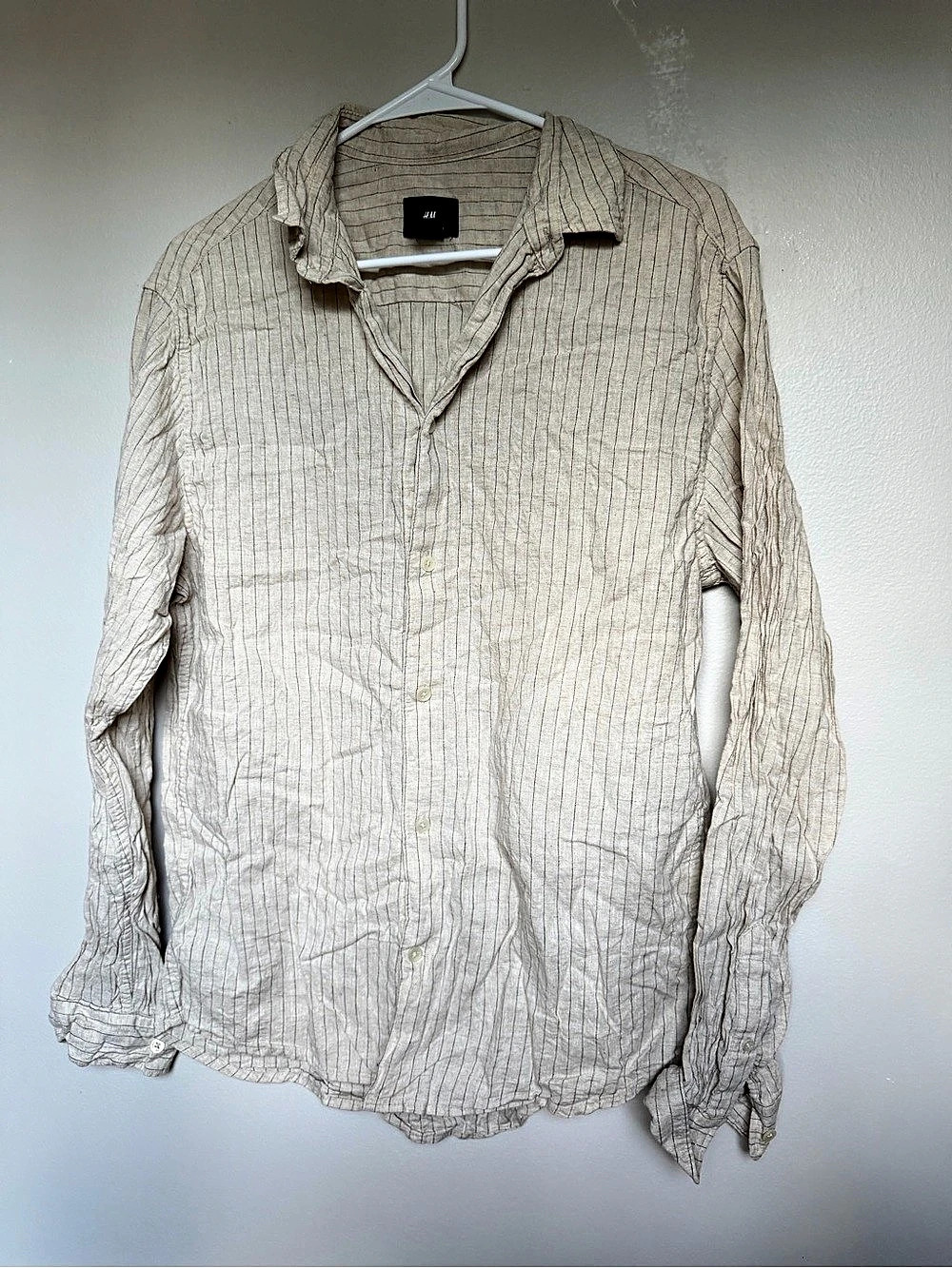 H&M Striped Linen Button Down Shirt in Beige